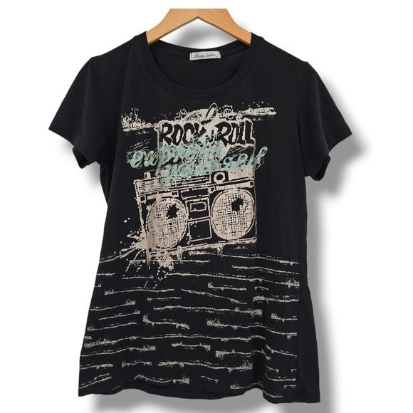 Hasse Ladies Tops - Hasse Ladies Y2K Vintage Rock Roll Graphic Tee Boombox Print Short Sleeve Top